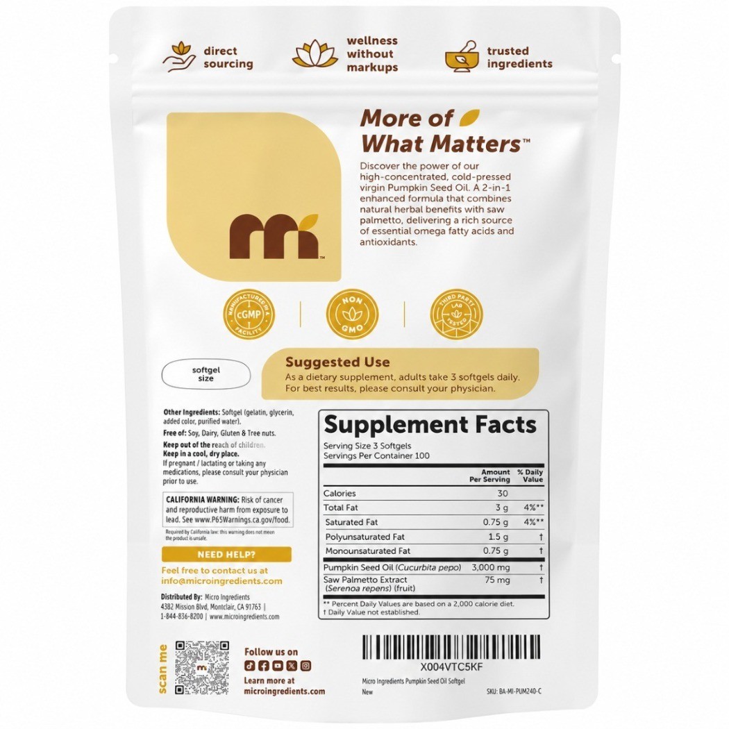 Cold Pressed Micro Ingredients Pumpkin Seed Oil 3000mg Saw Palmetto 300 Softgels
