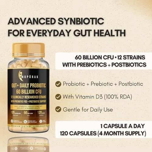 Anupurak Gut Daily Probiotic 60 Billion CFU 120 Capsules 120 Days Free Ship