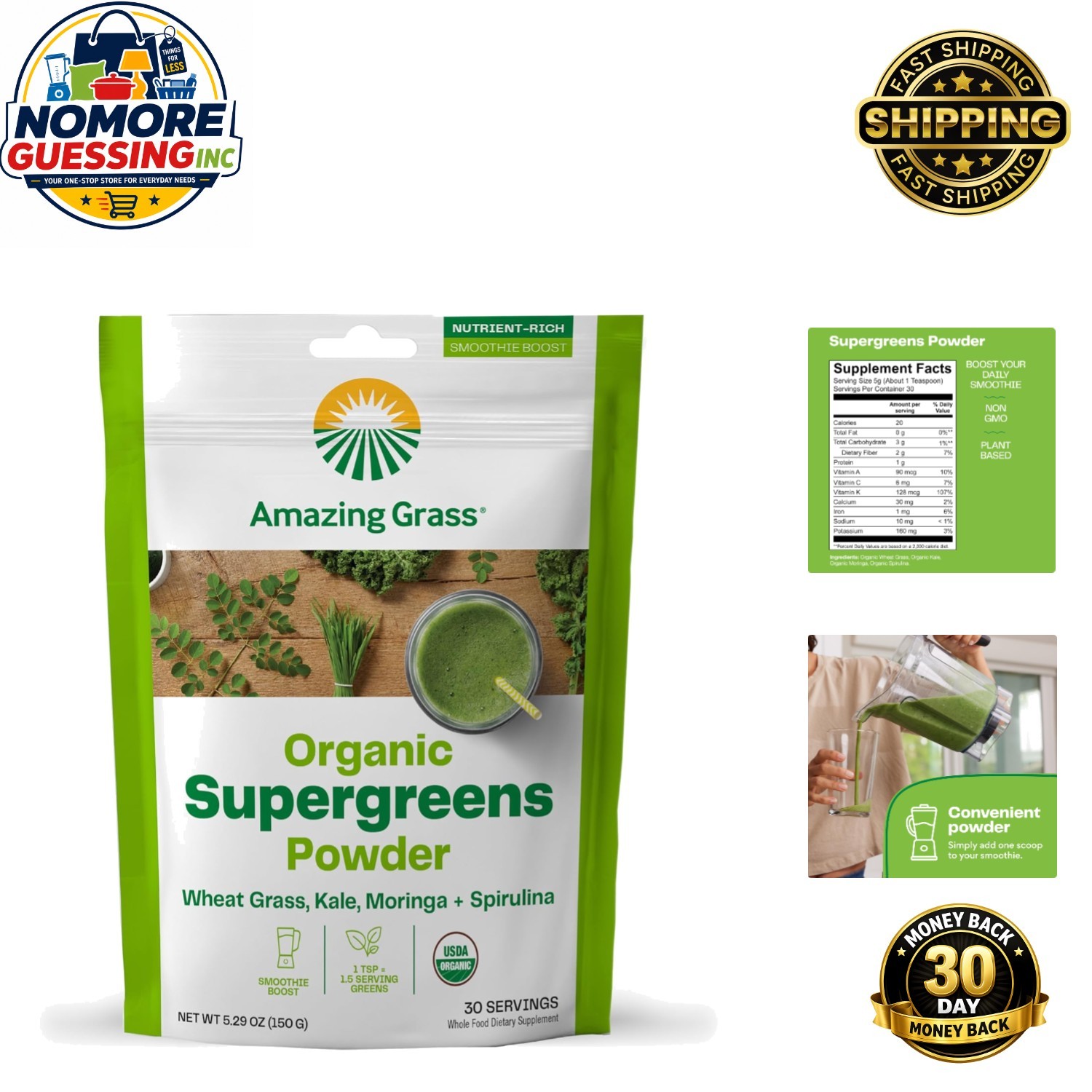 Super Greens Booster: Organic Smoothie Mix with Spirulina & Moringa, 30 Servings