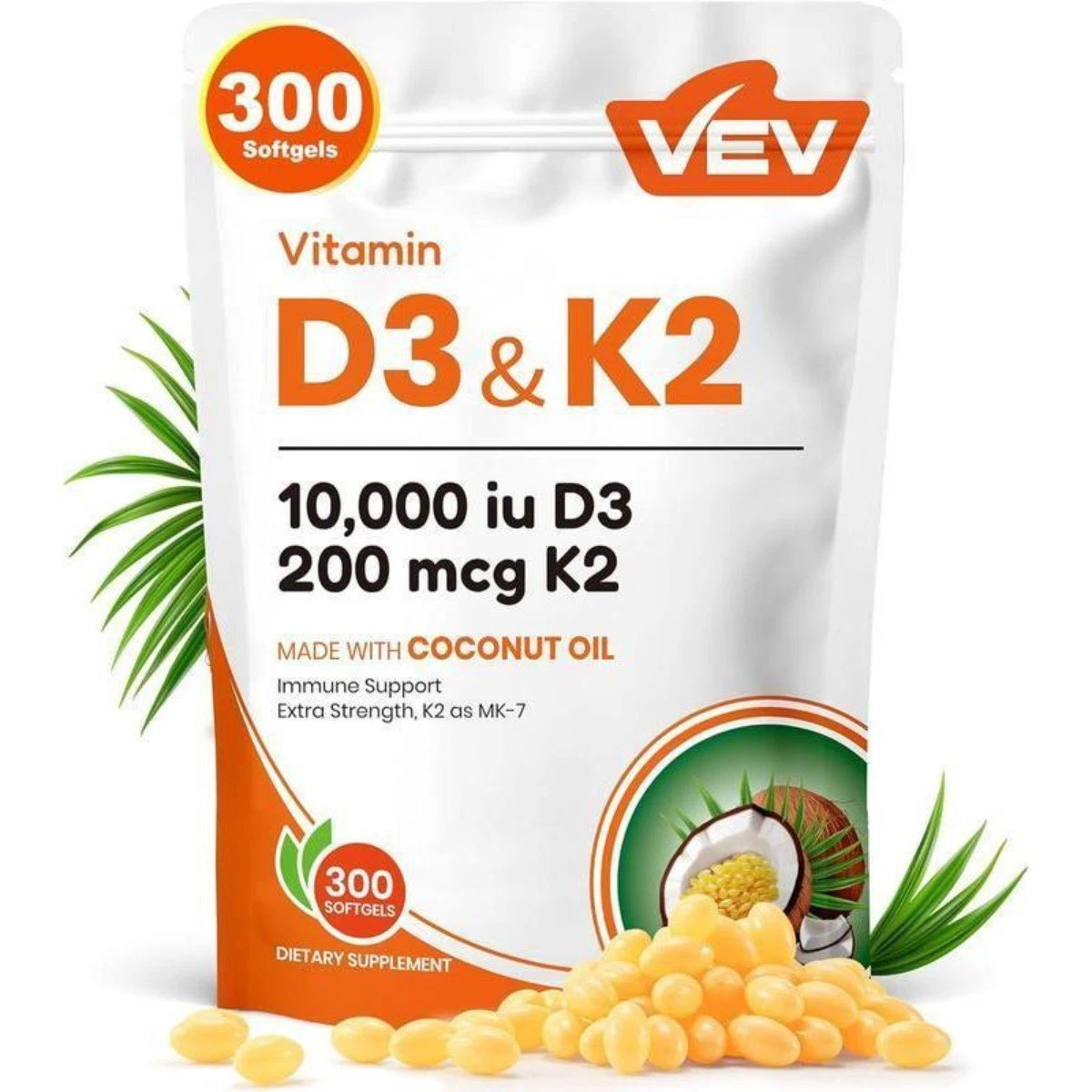 VEV 2-in-1 Vitamin D3 & K2 Supplement with Coconut Oil – Bone & Heart Health