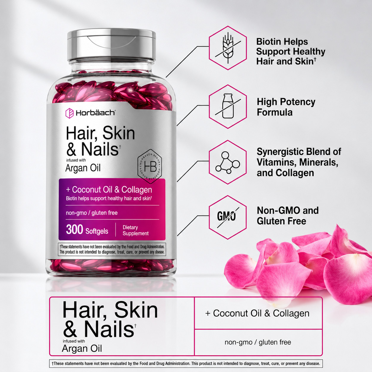 Horbaach Hair Skin & Nails Softgels 300 Ct Biotin Collagen Supplement