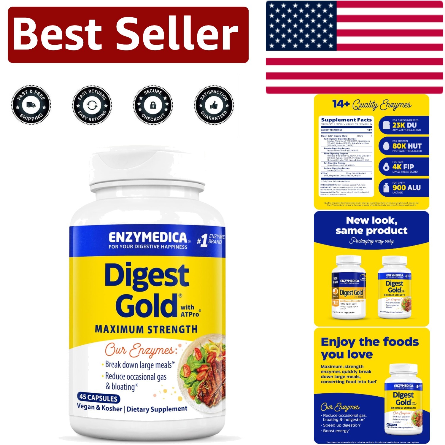 Unflavored Digest Gold + ATPro Capsules for Maximum Digestive Support – 45 Count