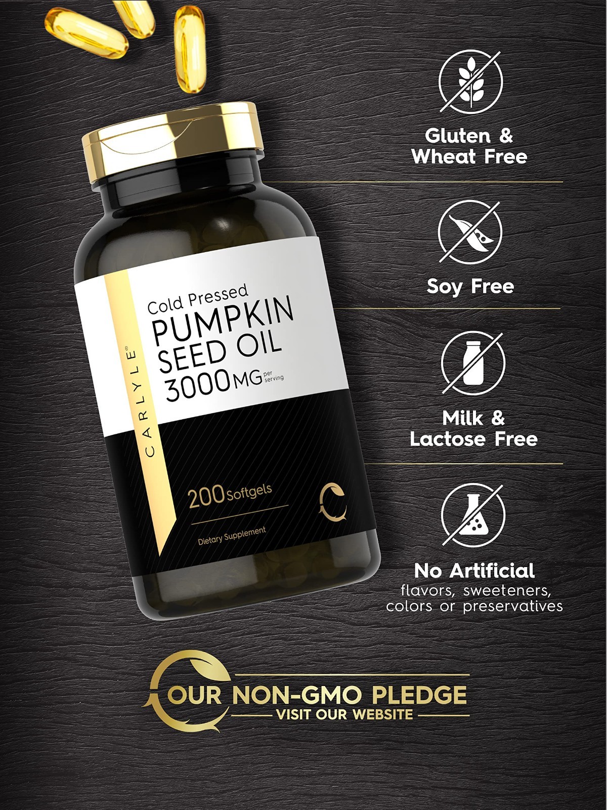 Pumpkin Seed Oil 3000mg Softgels | 200 Count | Cold Pressed, Non-GMO, Gluten Fre