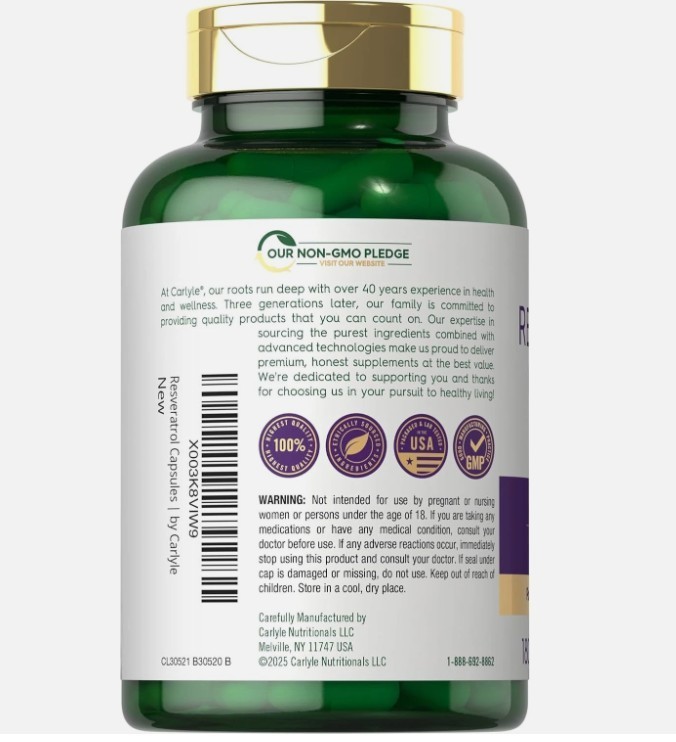 Resveratrol Supplement 1800mg | 180 Capsules | Non-GMO, Gluten Free | by Carlyle