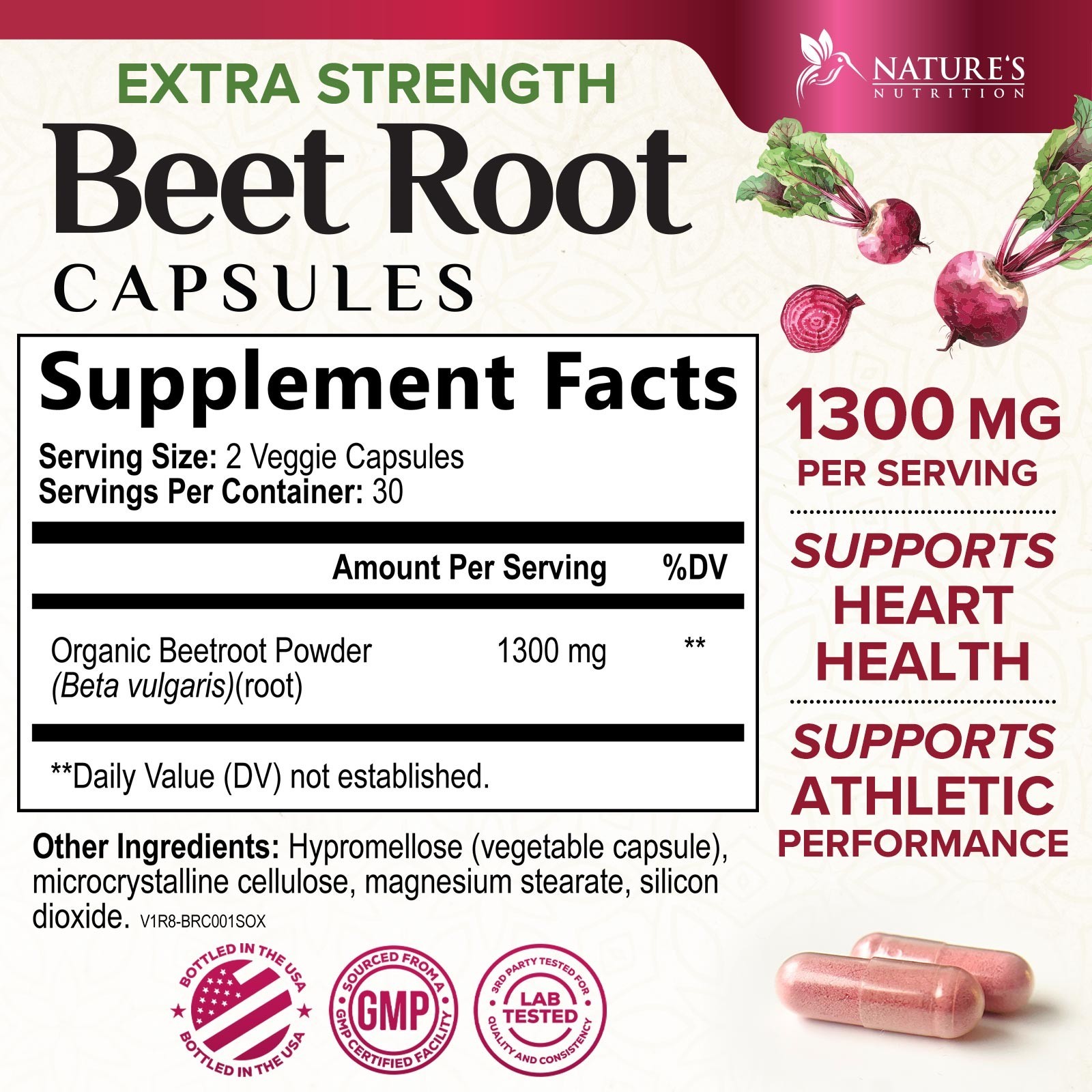 Beet Root Capsules Extra Strength 1300mg Beetroot Powder Extract
