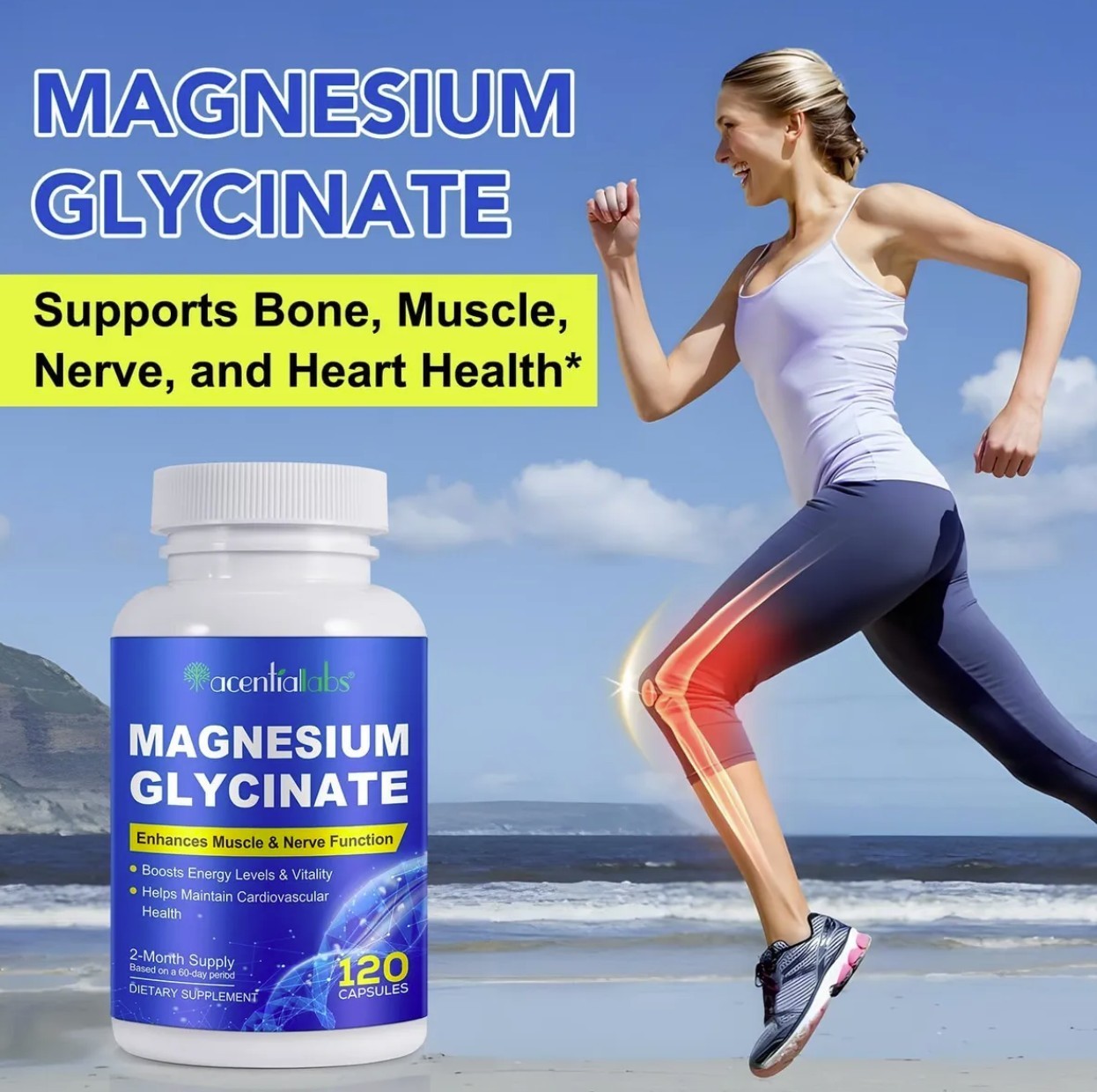 Magnesium Glycinate 1040mg 120 Capsules for Calm Stress, Sleep, Leg Cramp, Heart