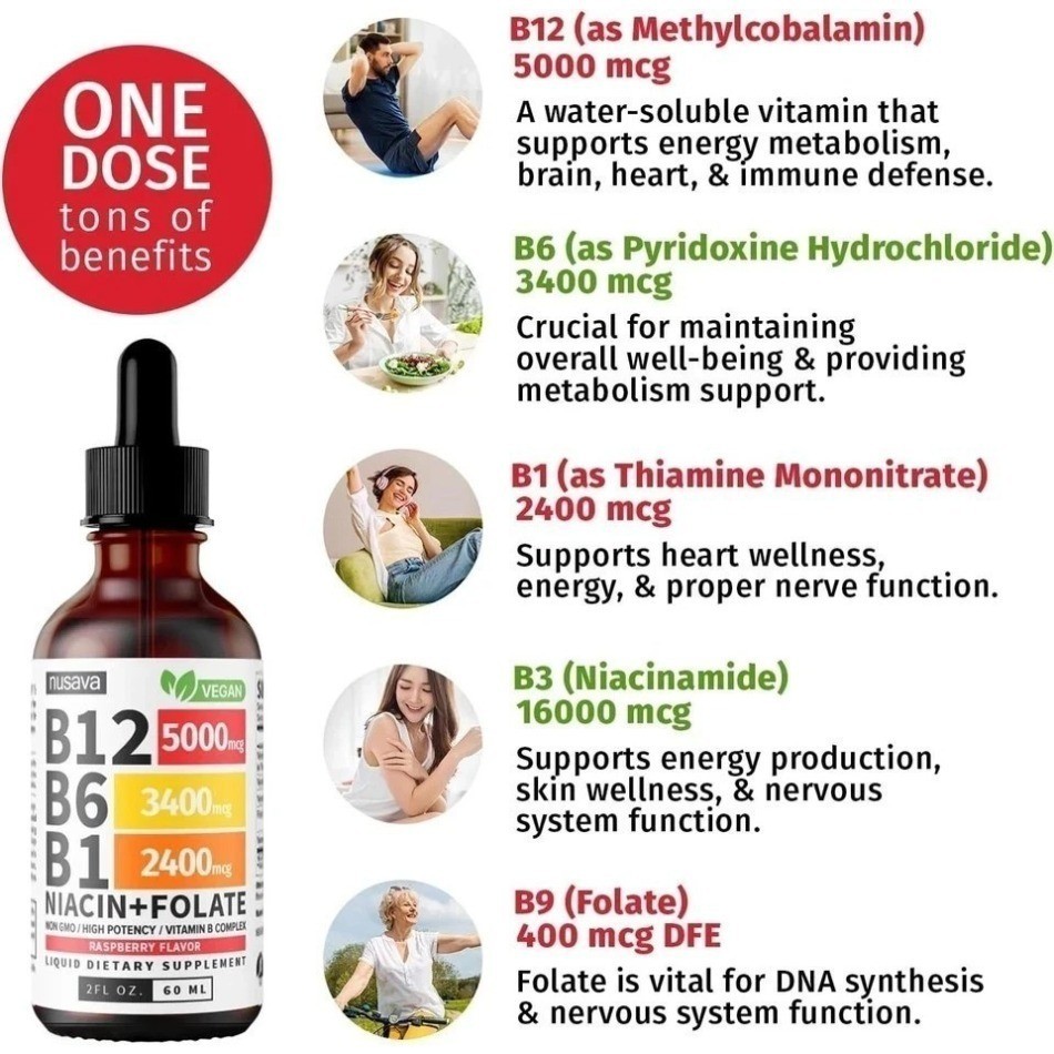 Nusava Vitamin B complex – B 12, B 6 & B 1 + Niacin & Folate 1/2/3 Bottles