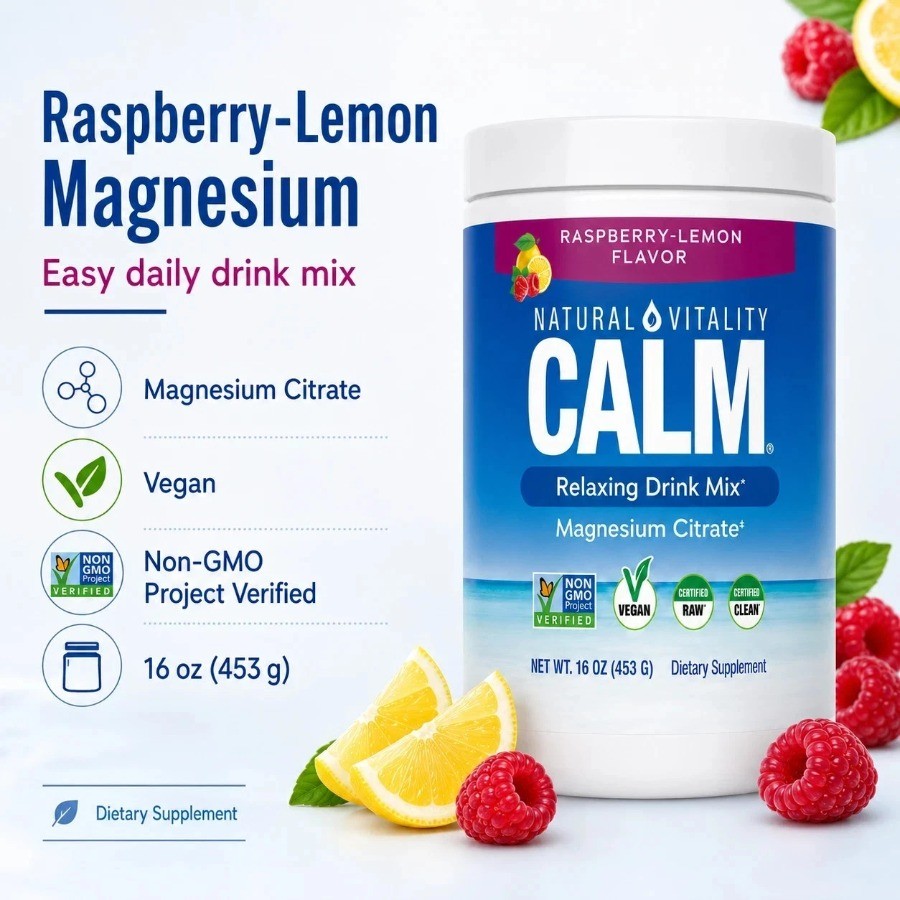 Natural Vitality CALM Magnesium Citrate Drink Mix Raspberry Lemon 16oz