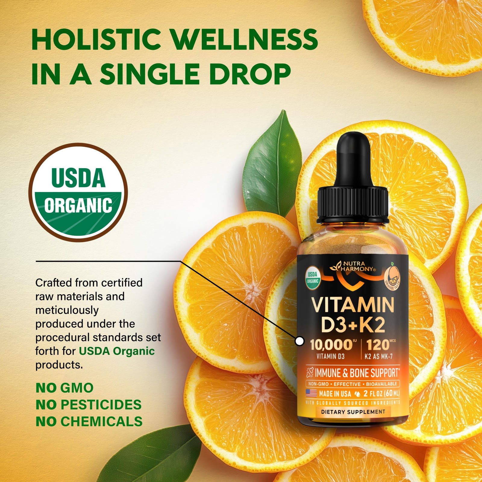 Vitamin D3 K2 Organic Drops Bone Teeth Immune Mood Support Gotas Vitamina D3
