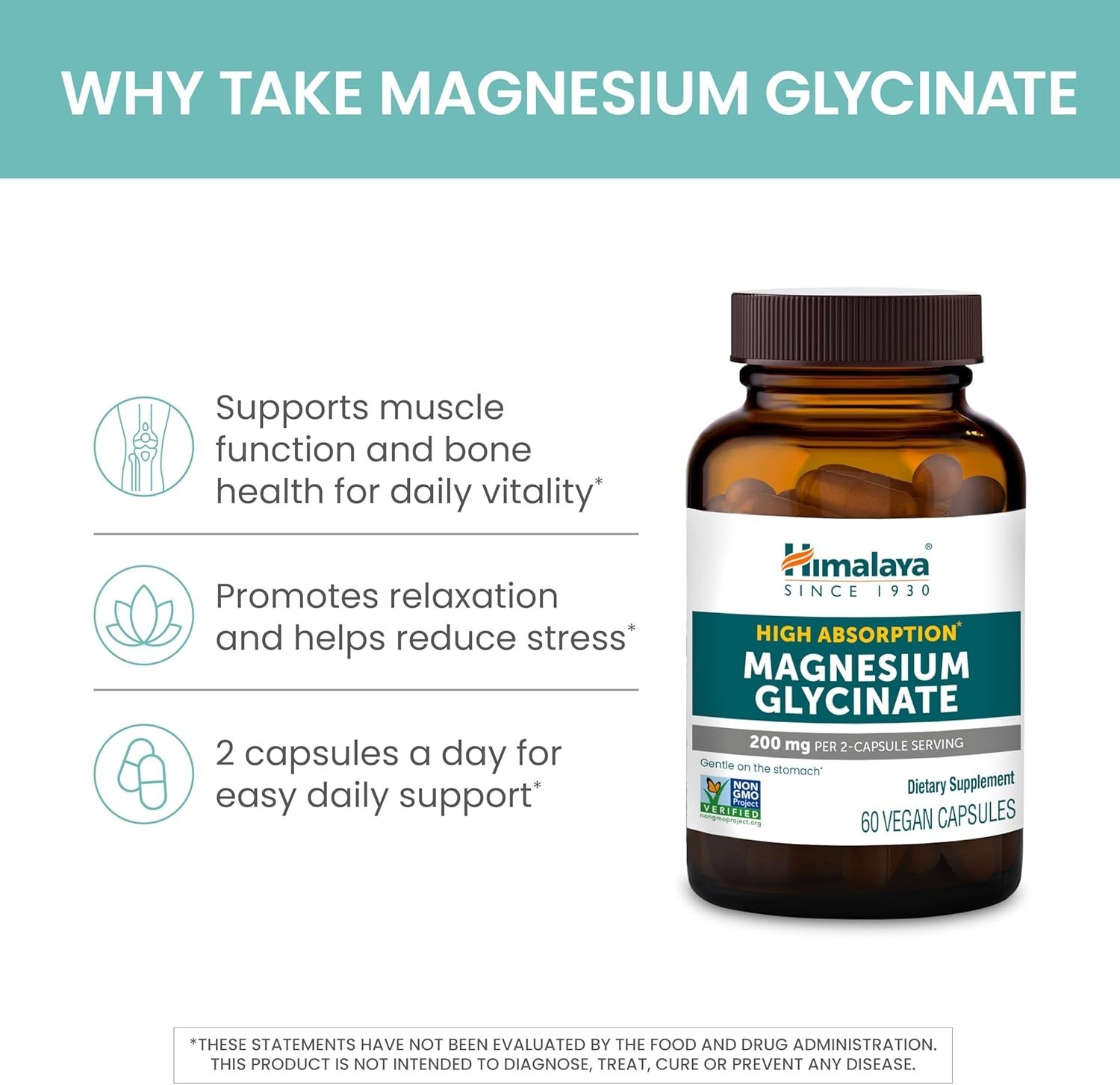Himalaya Magnesium Glycinate, 60 Vegan Capsules, High Absorption 60 Count