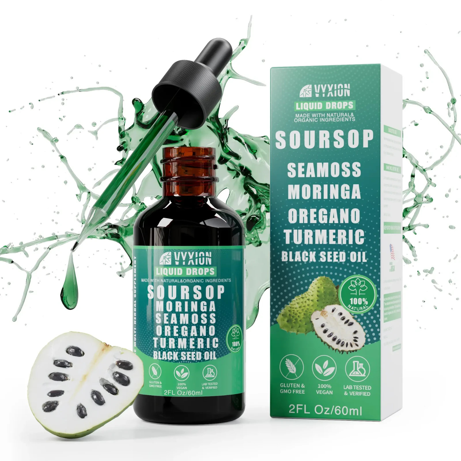 VYXION 10-in-1 Soursop Liquid Drops Seamoss Moringa Immune Gut Support 2oz