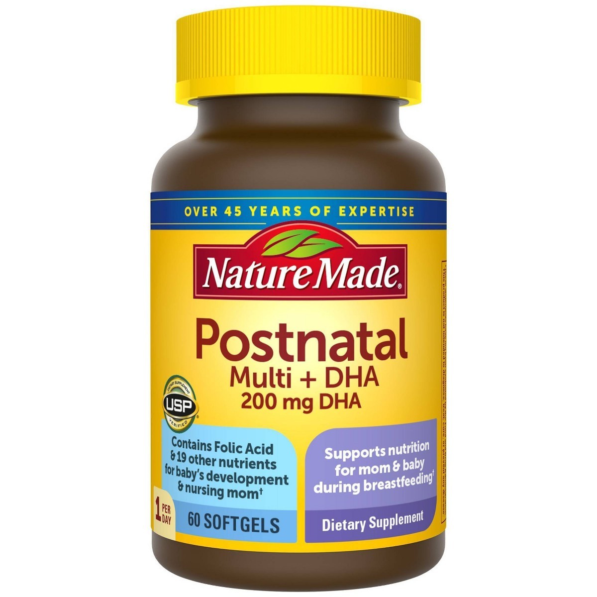 Nature Made Postnatal Multivitamin + DHA 200 mg Softgels, USP Verified – 60ct