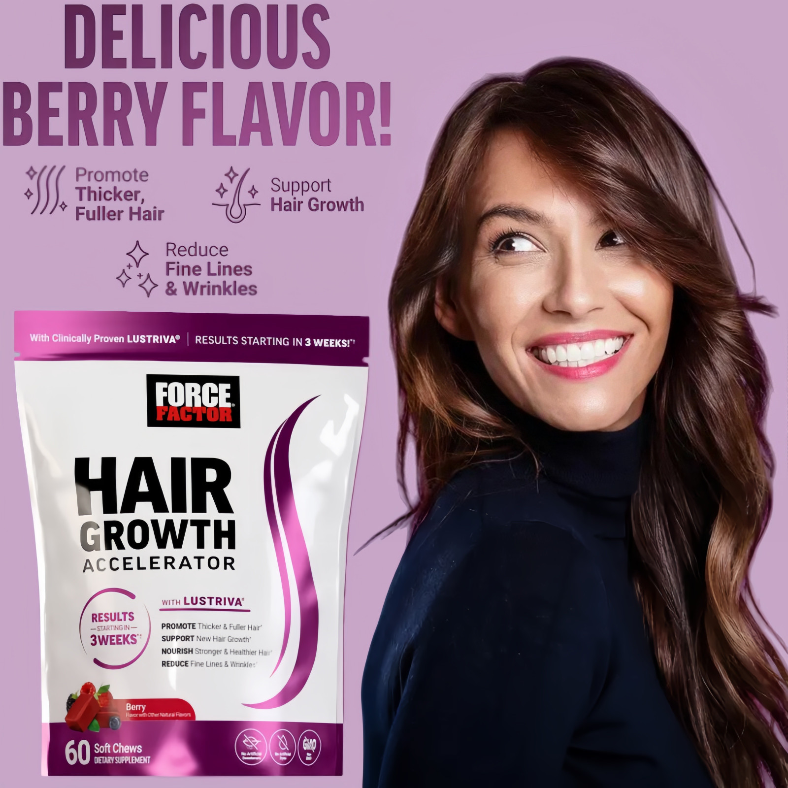Force Factor Hair Accel Gummies – Grow Thicker Hair – 120 Mixed Berry