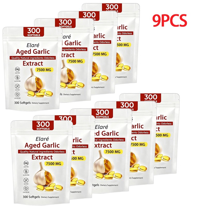 Elare Aged Garlic Extract 300 Softgels, 7500mg Odorless | Heart & Immune US 9Pcs