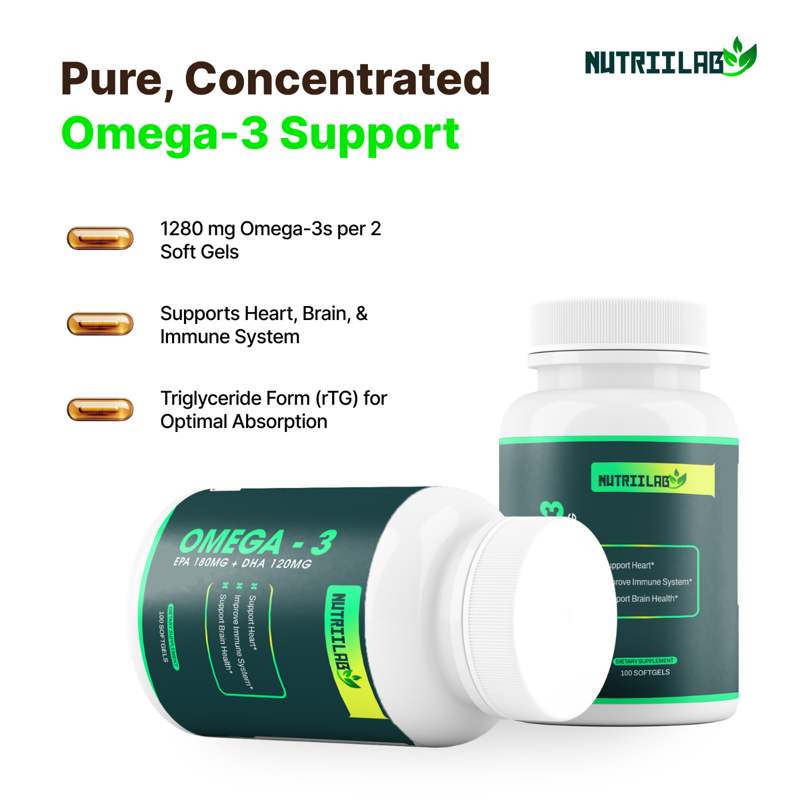NutriiLab Triple Strength Omega-3 Fish Oil 1000mg EPA DHA Heart Brain Support