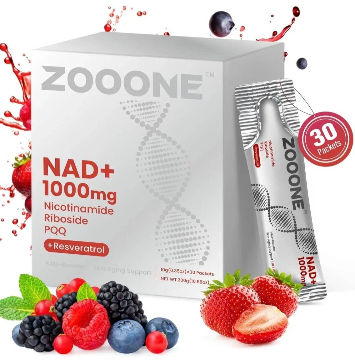 ZOOONE NR1000 NAD+ Drink Mix Berry Flavor Energy Support 30 Stick Packs
