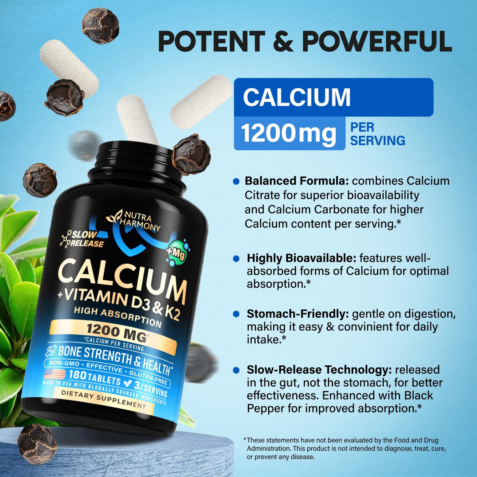 Calcium 1200 mg with Vitamin D3 – Citrate 180 Count (Pack of 1)