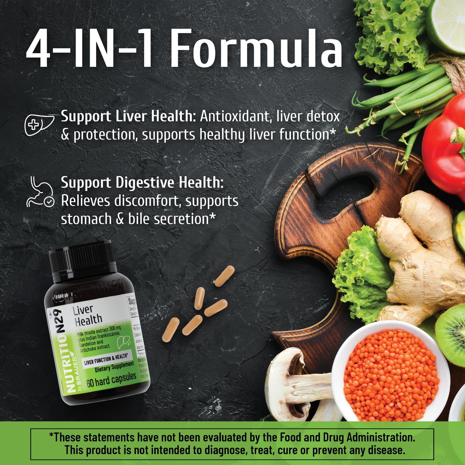 Liver Support Supplement – Milk Thistle 300mg, Dandelion, Artichoke, 60 Capsules