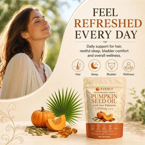 Everly Pumpkin Seed Oil Plus Saw Palmetto, Upgraded Cold Pressed, 90 Soft Gels