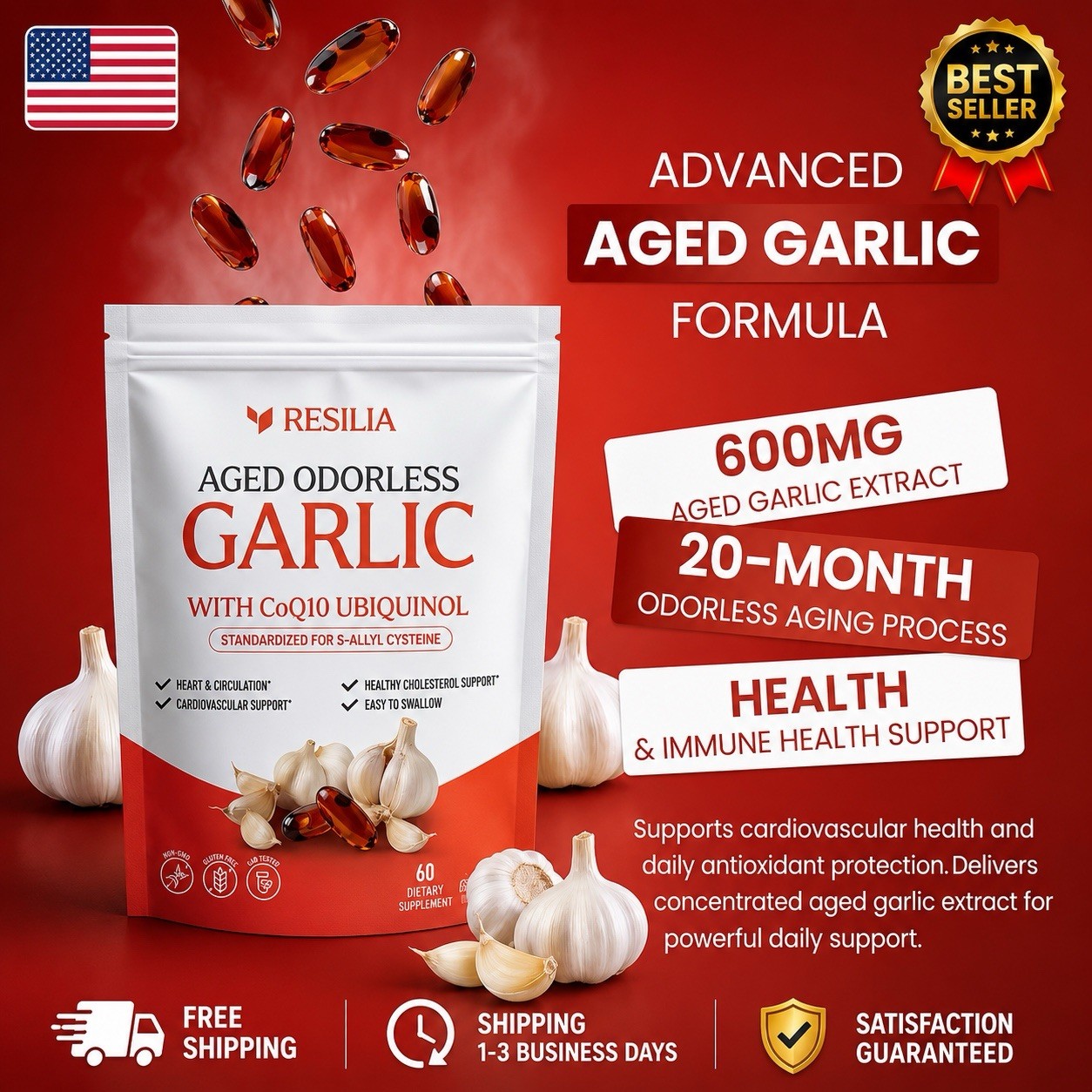 Resilia Garlic Extract 600mg Softgels (60 Count) – Odorless Aged Garlic Extra…