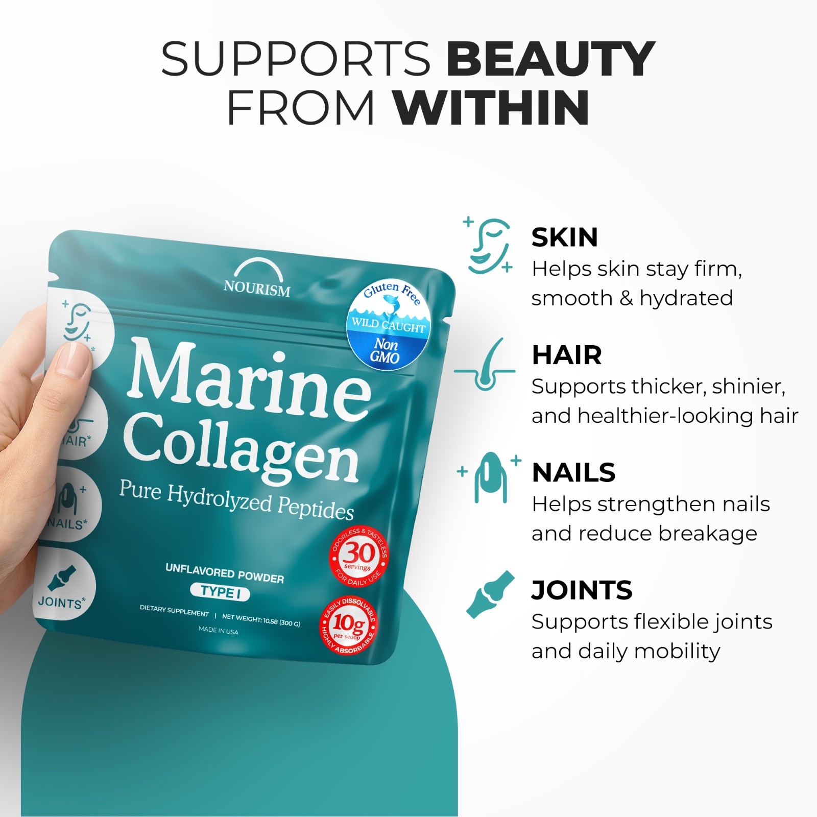 Pure Hydrolyzed Marine Collagen for Skin Hair Nails Joint Support 10.58 oz