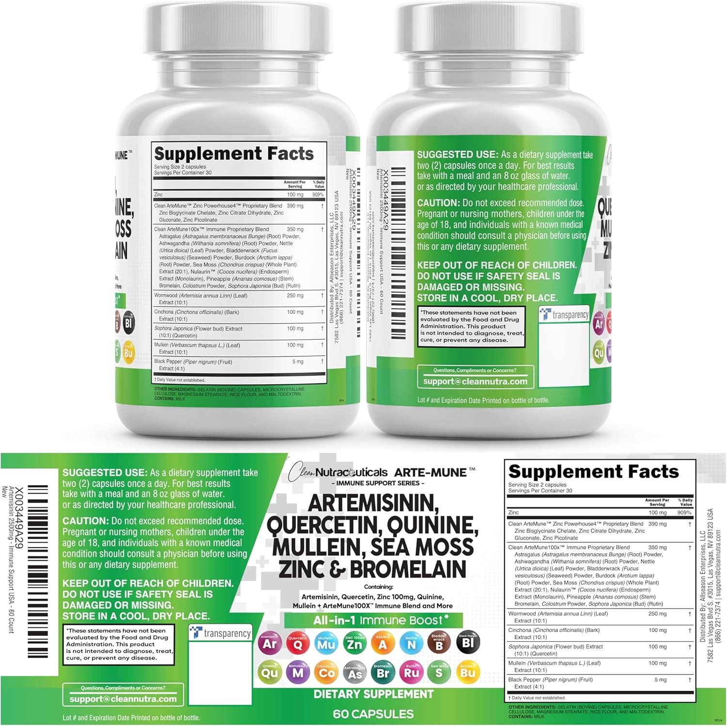 Clean Nutraceuticals Artemisinin Quercetin Zinc Mullein Quinine Supplement with