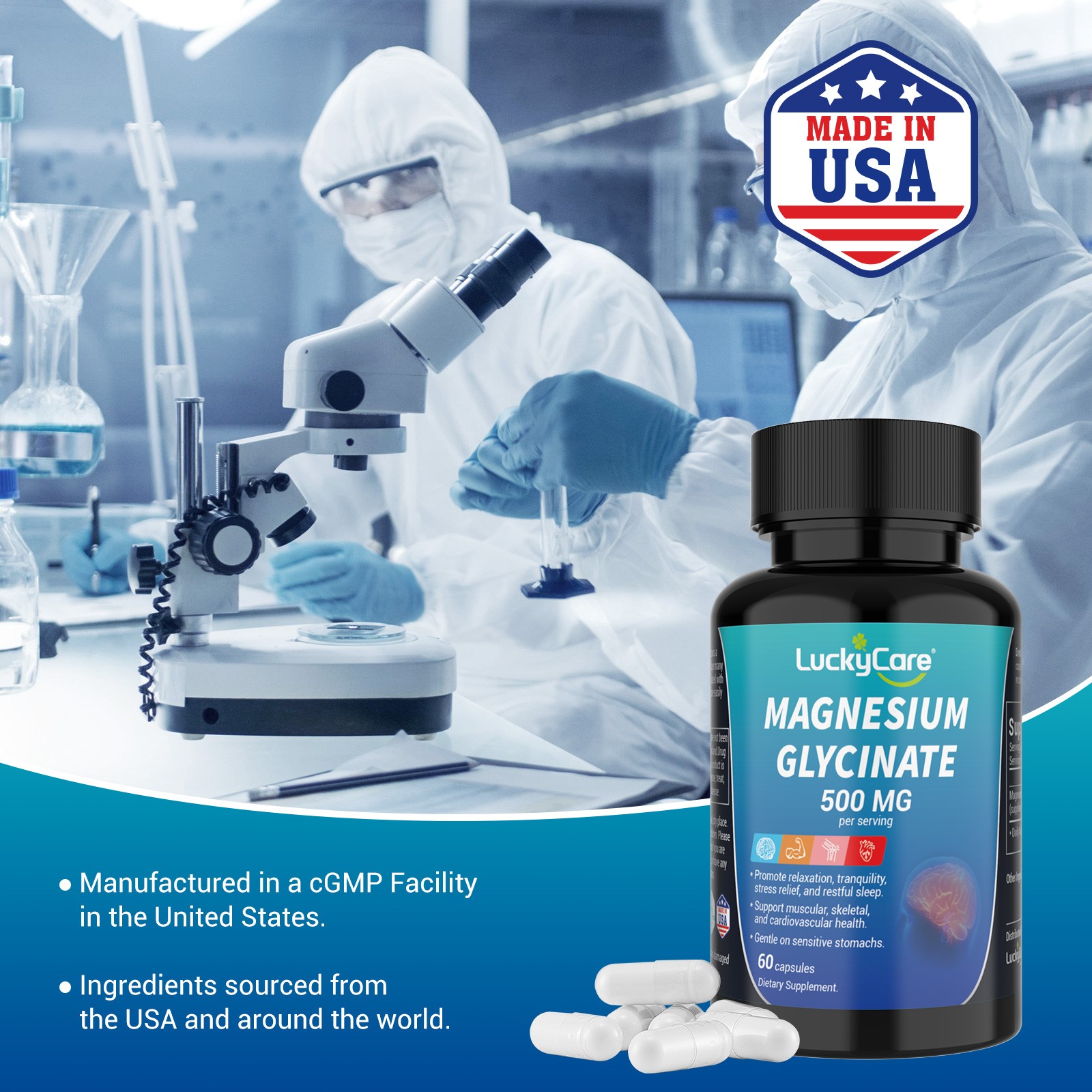 Magnesium Glycinate For Improved Sleep,Stress Anxiety Relief 500mg-60 Capsules