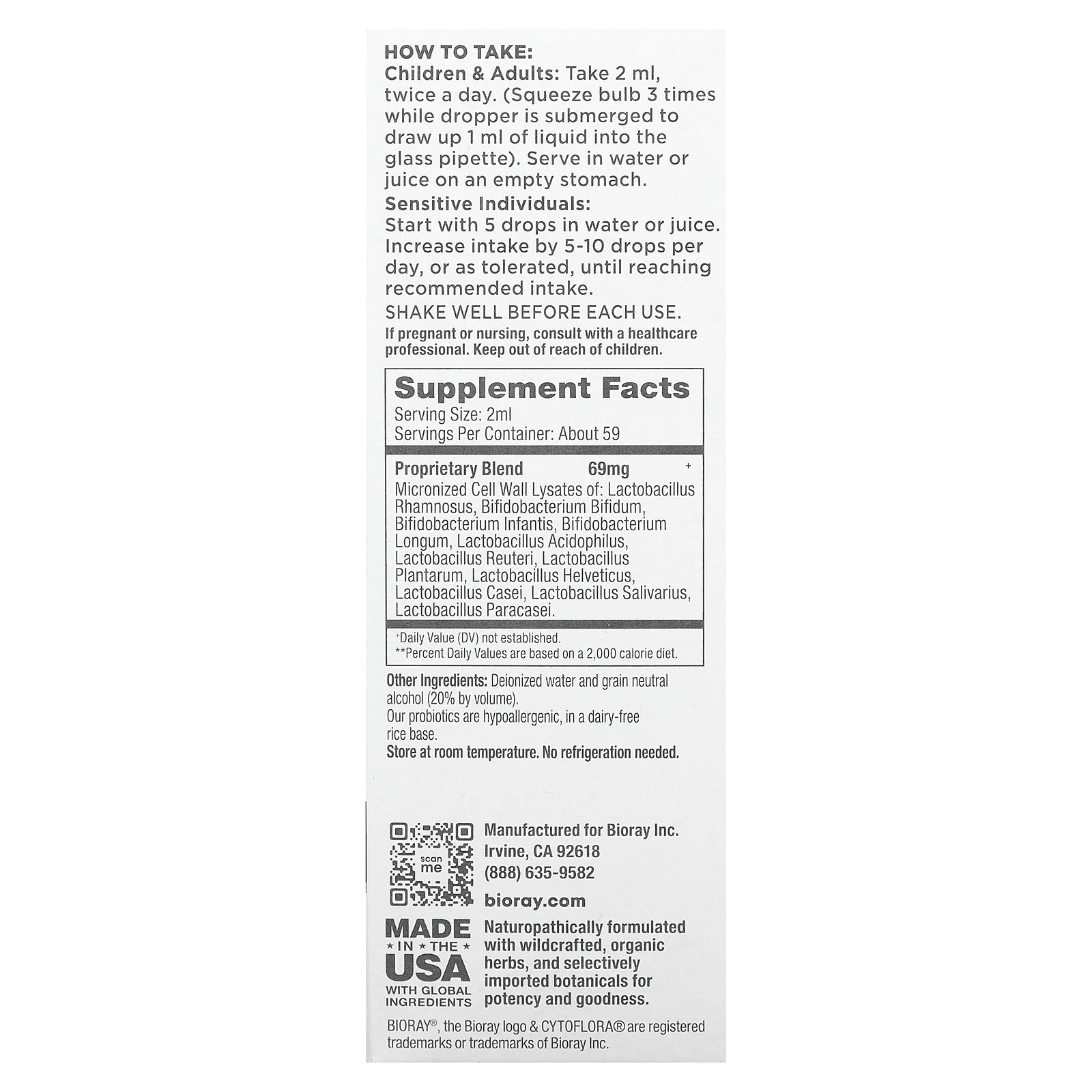 Bioray Inc CytoFlora Probiotic Immunity Tonic 4 fl oz 118 ml Hypoallergenic
