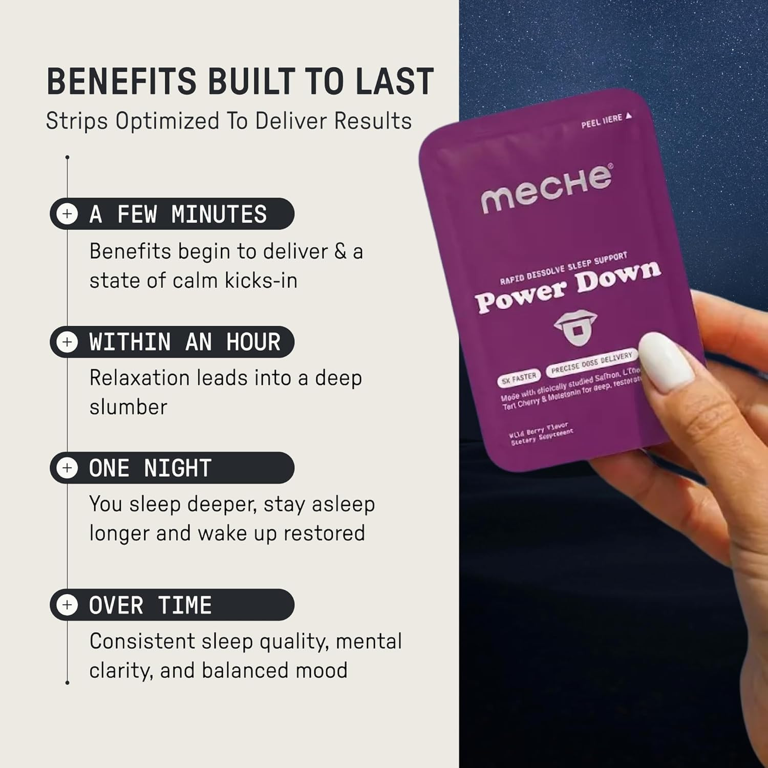 Meche Power Down™ Rapid Dissolve Strips for Sleep – 5Mg Melatonin, L-Theanine, T