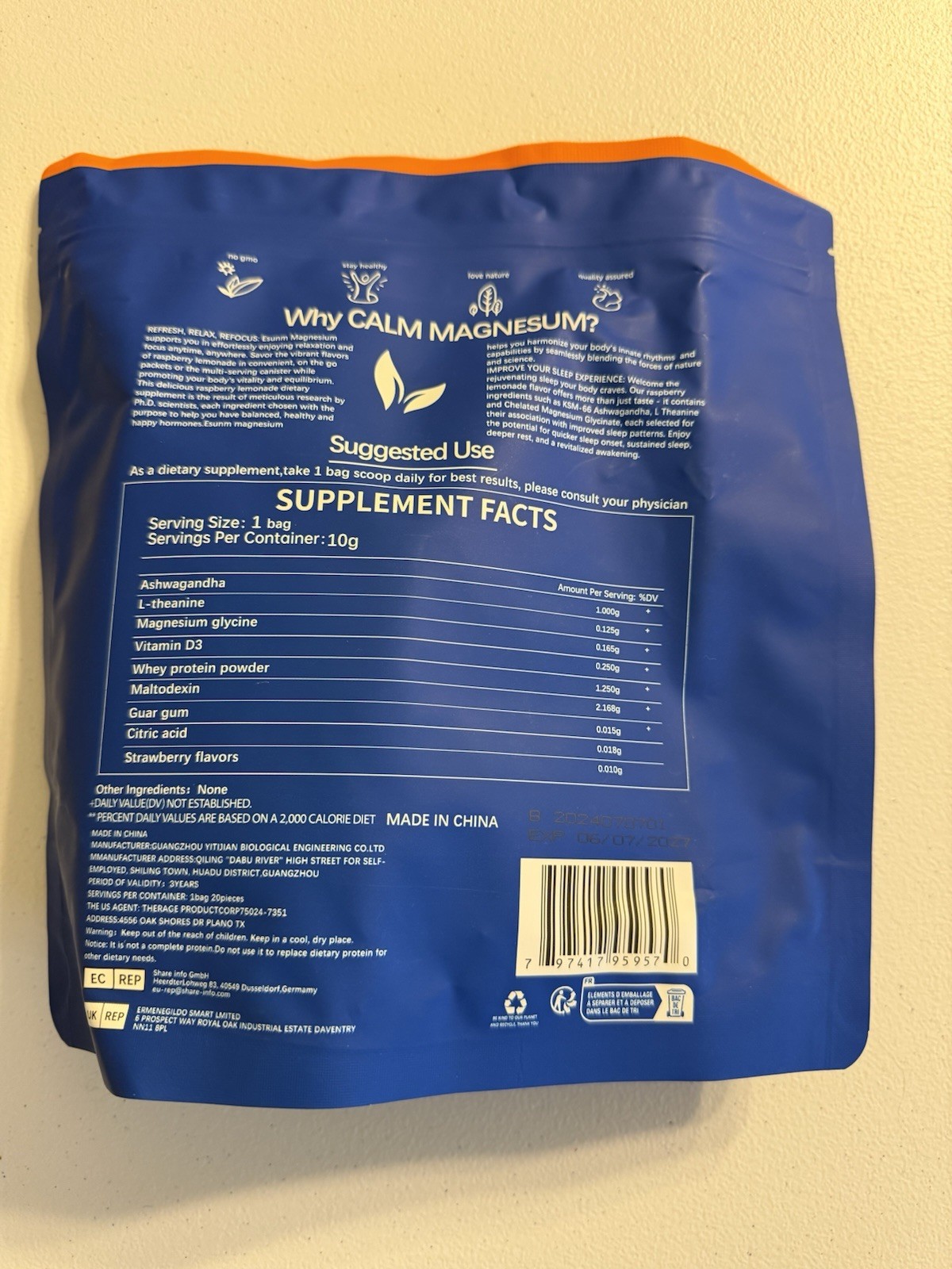 ESUNM Calm Magnesium Adaptogenic Drink Mix Raspberry Lemonade 20 Packets