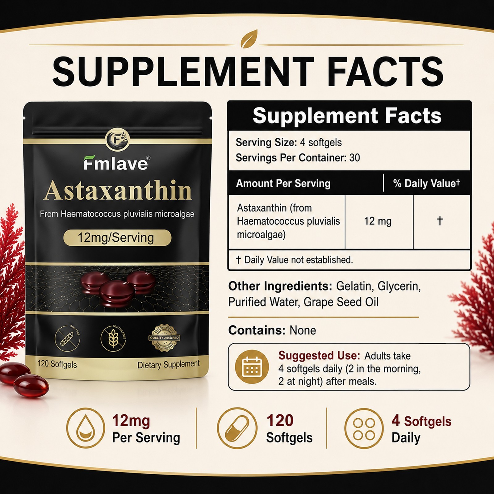 3pack Micro Ingredients Astaxanthin 12mg, 360 Softgels, Natural Antioxidant Skin