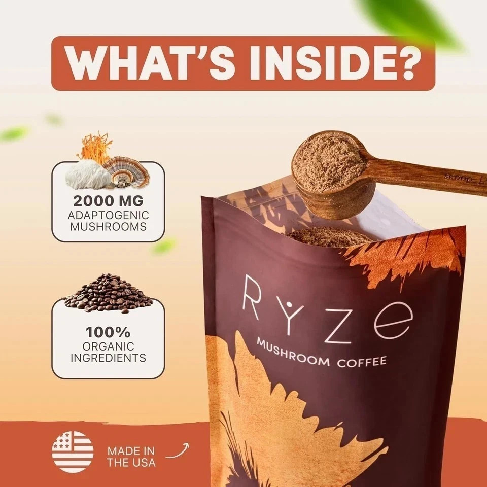RYZE Mushroom Coffee USDA Organic with 6 Adaptogenic Mushrooms 30 servings New