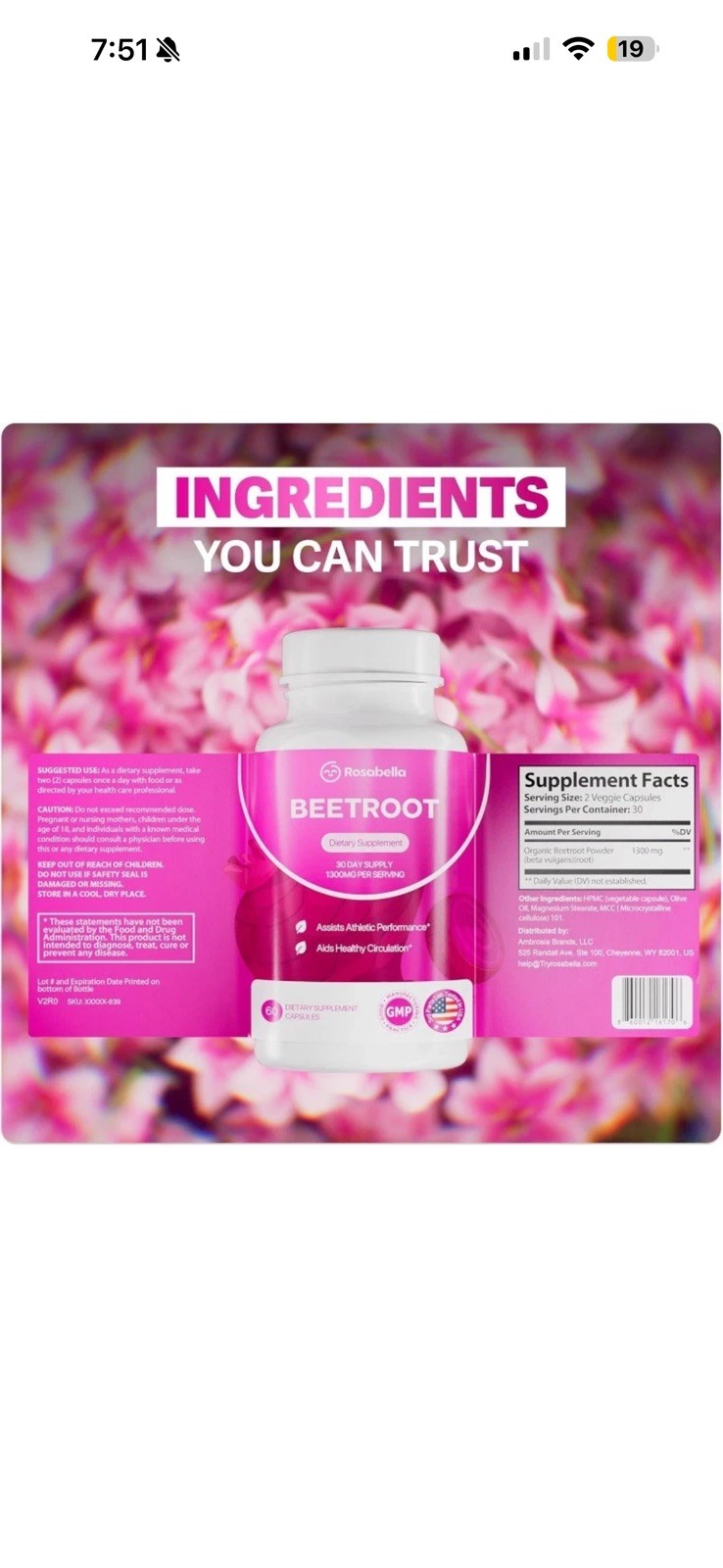 Rosabella Organic Beet Root Capsules for Circulation and Vitality Support60ct