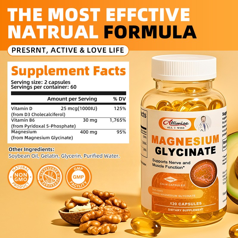 ALLIWISE Magnesium Glycinate 400mg Sleep Support Stress Relief High Absorption