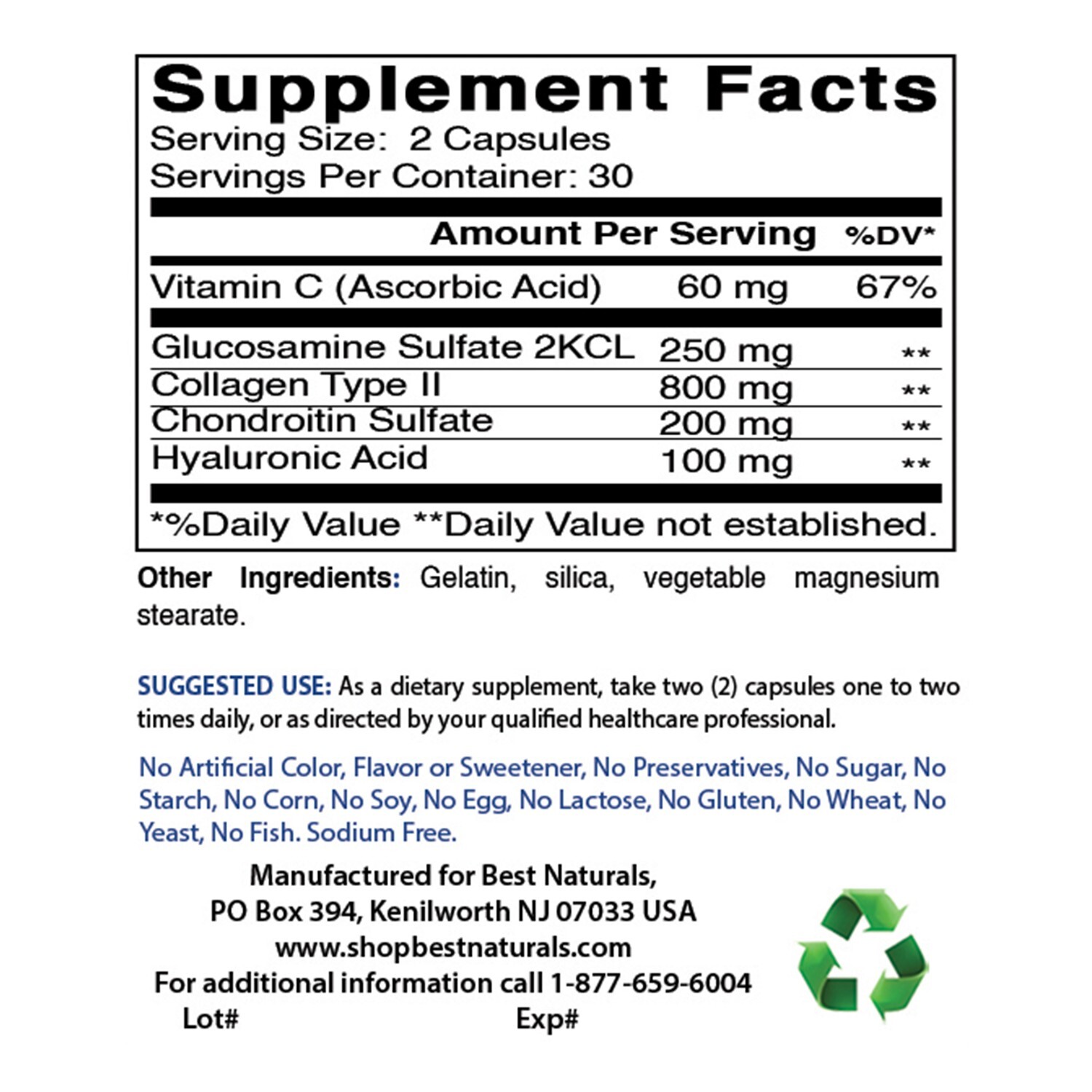 Best Naturals, Hyaluronic acid 100 mg 60 Capsules *Joint Health*