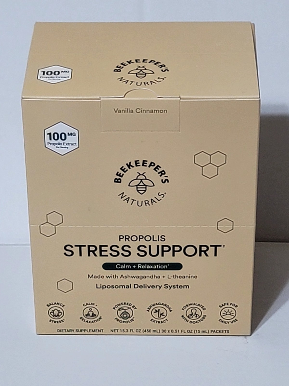 Beekeeper’s Naturals Propolis Stress Support 30 Pk Vanilla Cinnamon Exp 08/2026