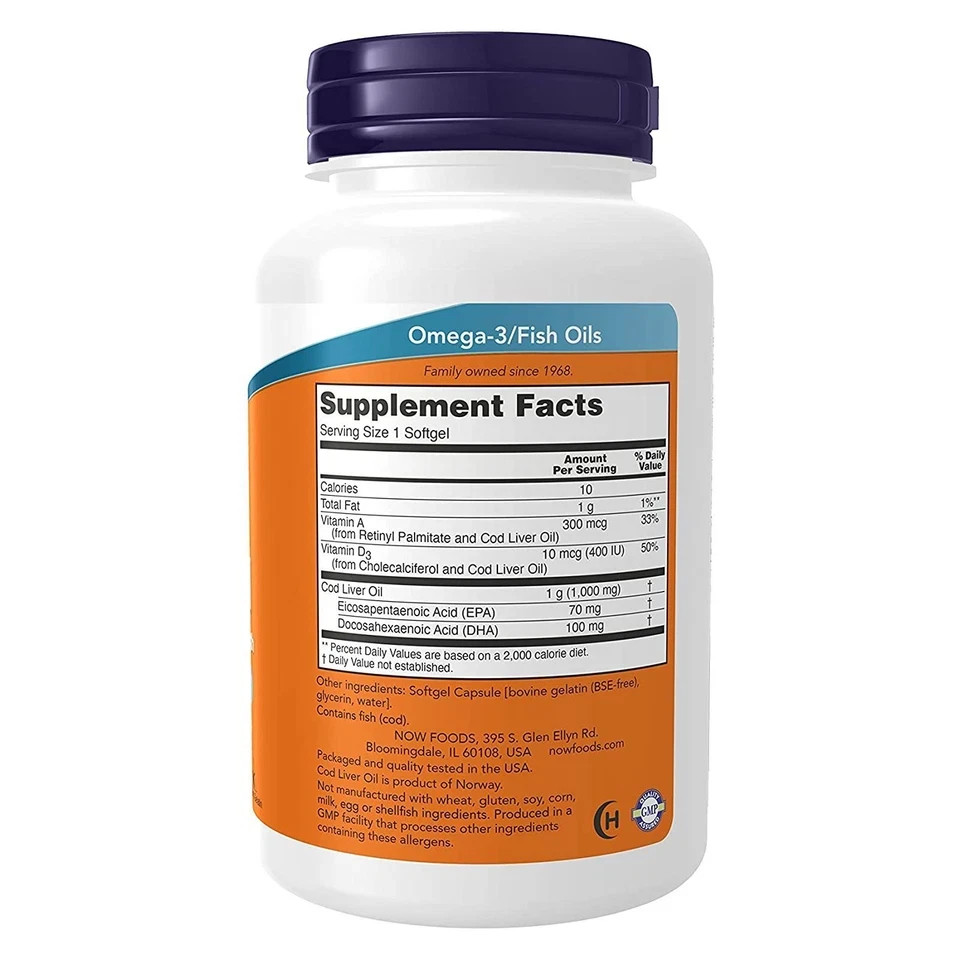 NOW Foods Cod Liver Oil 1000mg 90 Softgels Vitamins A D3 EPA DHA Supplement