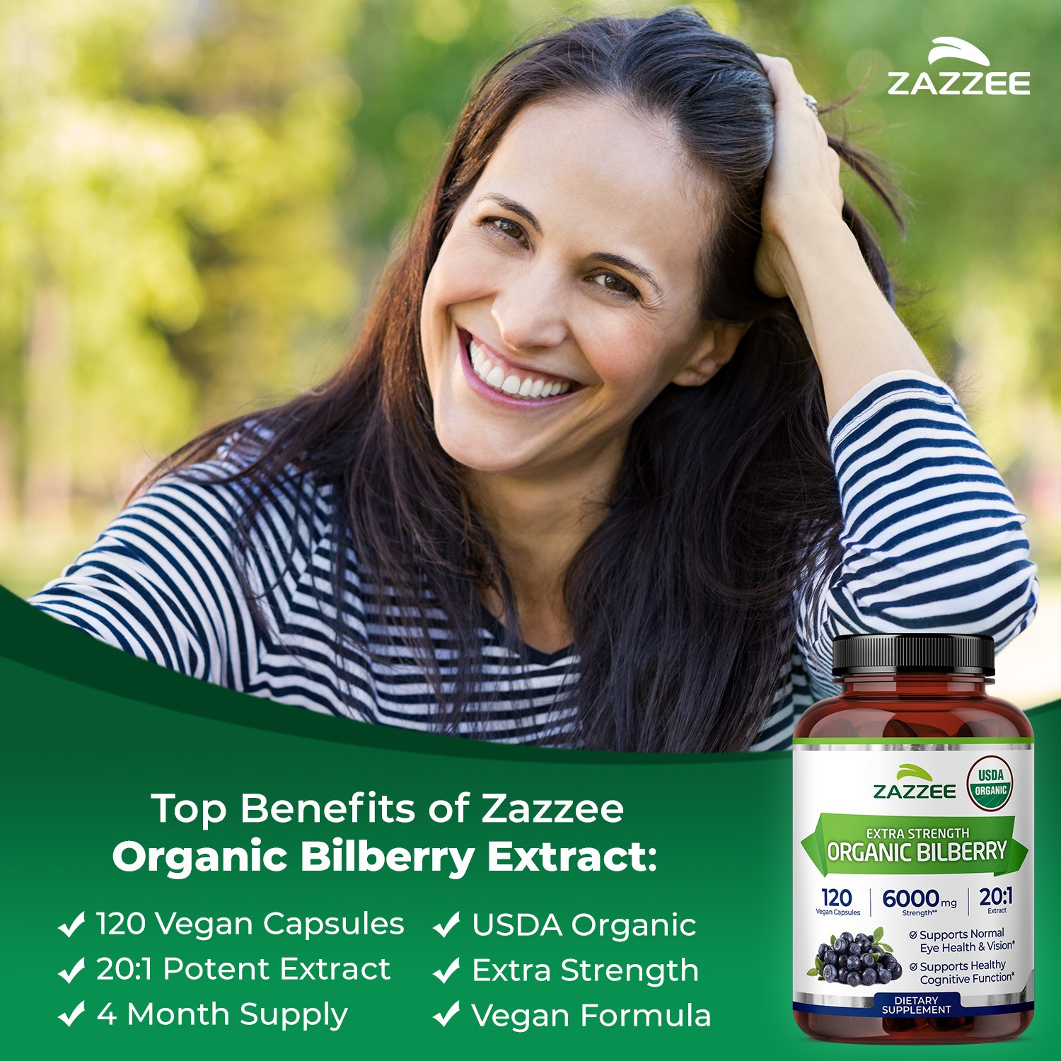 Zazzee USDA Organic Bilberry 20:1 Extract, 6000 mg Strength, 120 Vegan Capsules