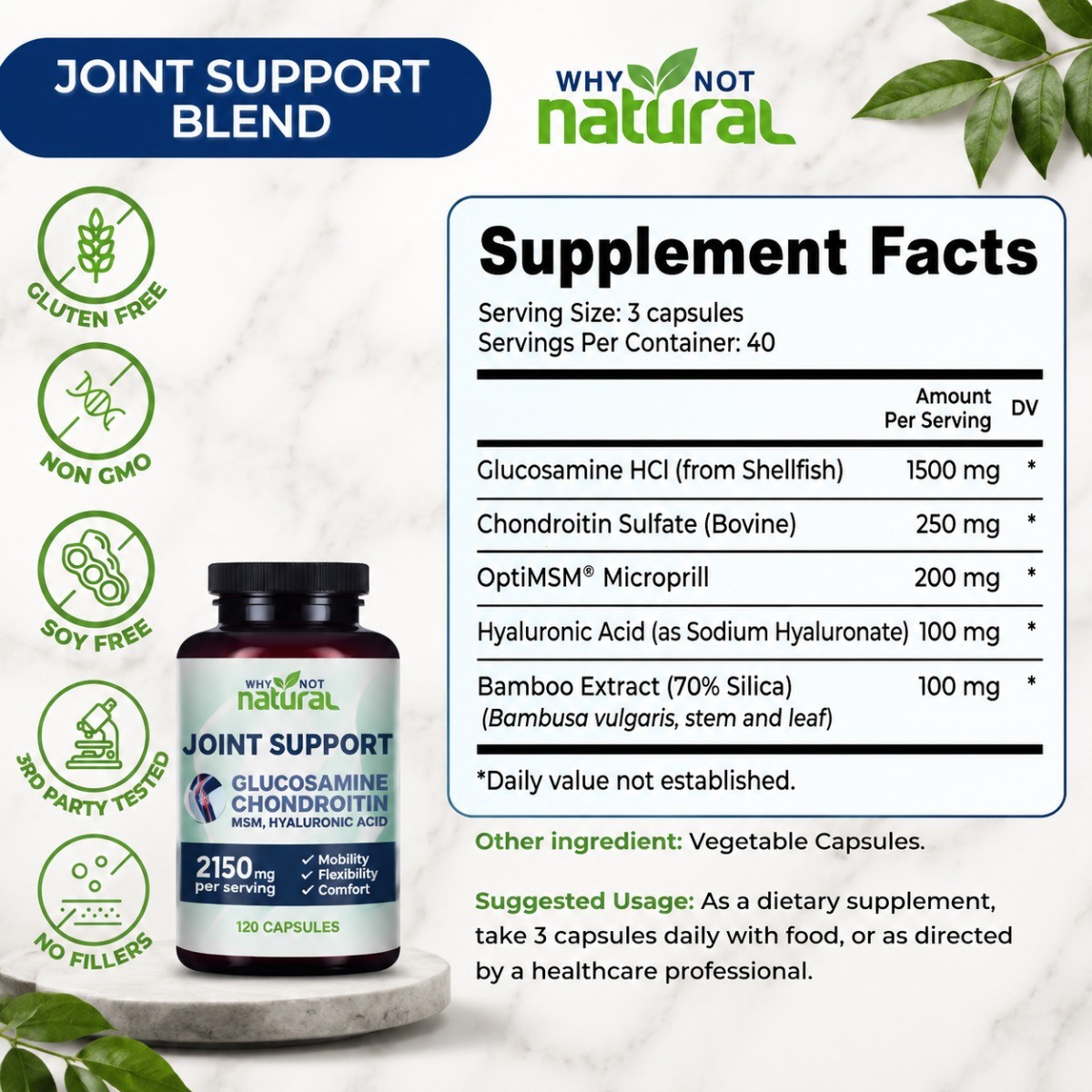 Glucosamine Chondroitin Joint Support 2150mg | MSM Hyaluronic Acid