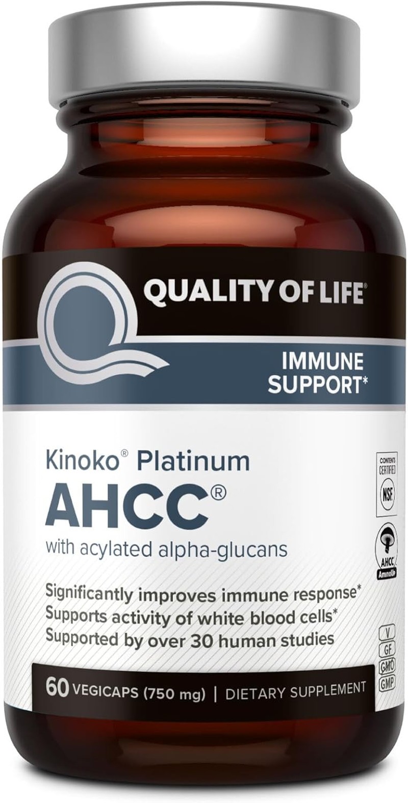 Quality of Life Premium Kinoko Platinum AHCC 60 Count (Pack 1/2/3/5), Brown