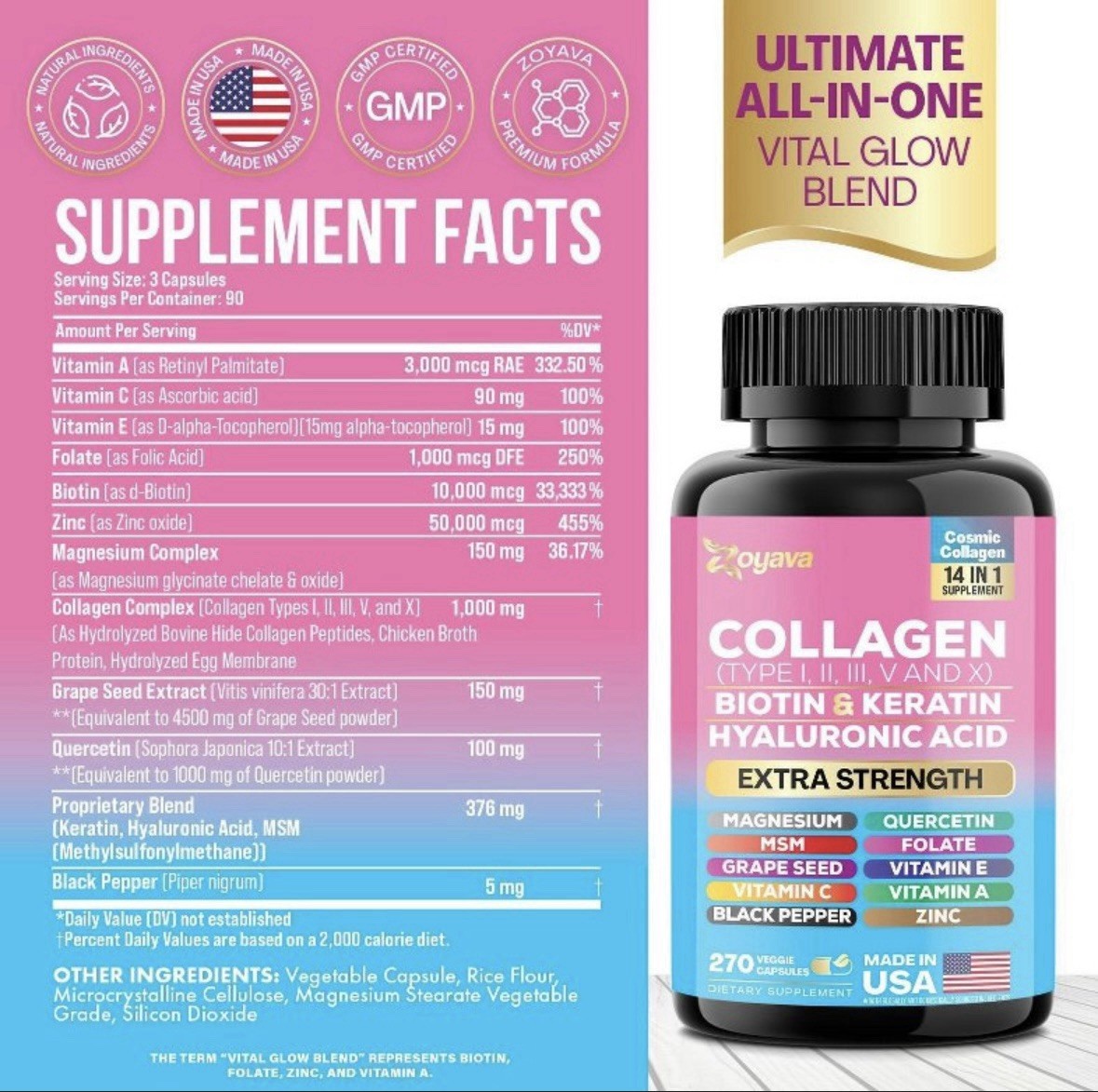 Zoyava Collagen Pills Peptides Types I, II, III, V & X – NEW ~ SHIPS FROM USA