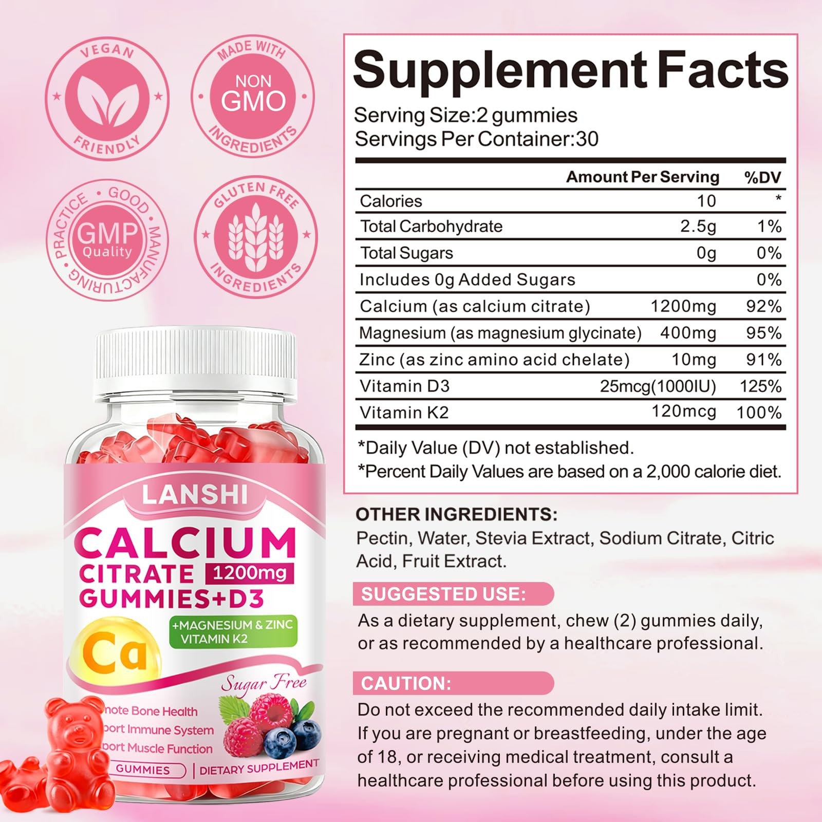 Lanshi Calcium Citrate Gummies 1200Mg Vitamin D3 K2 Supplements For Women Men