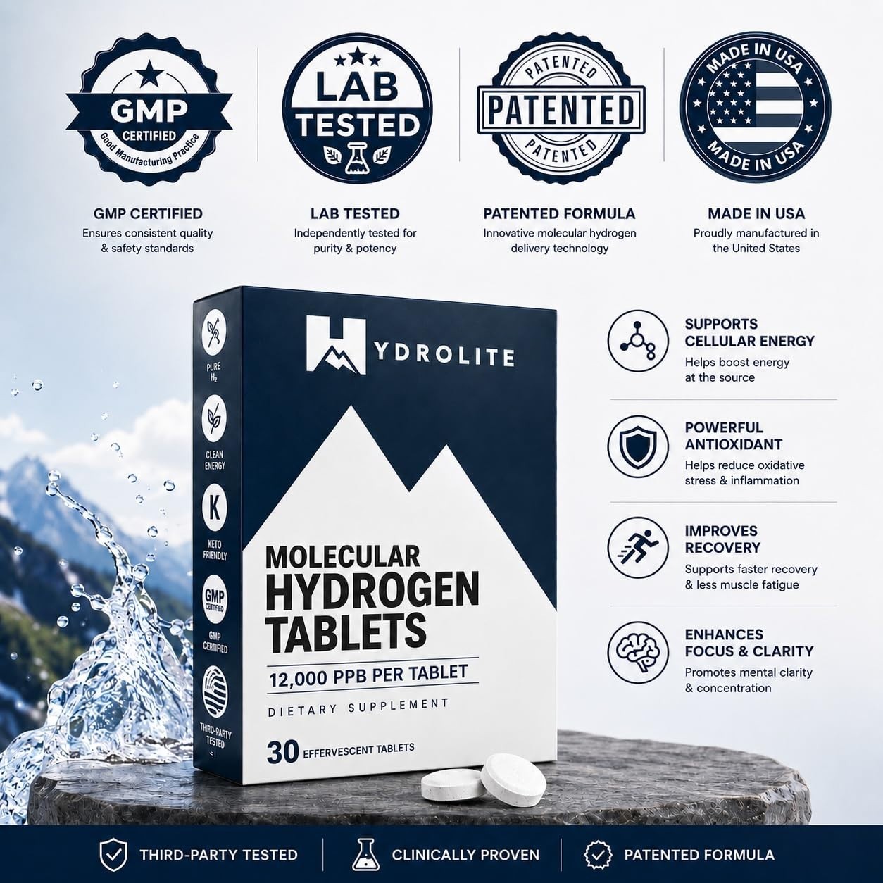 Molecular Hydrogen Tablets for Water | 12,000 PPB H2 | Energy Booster & Performa