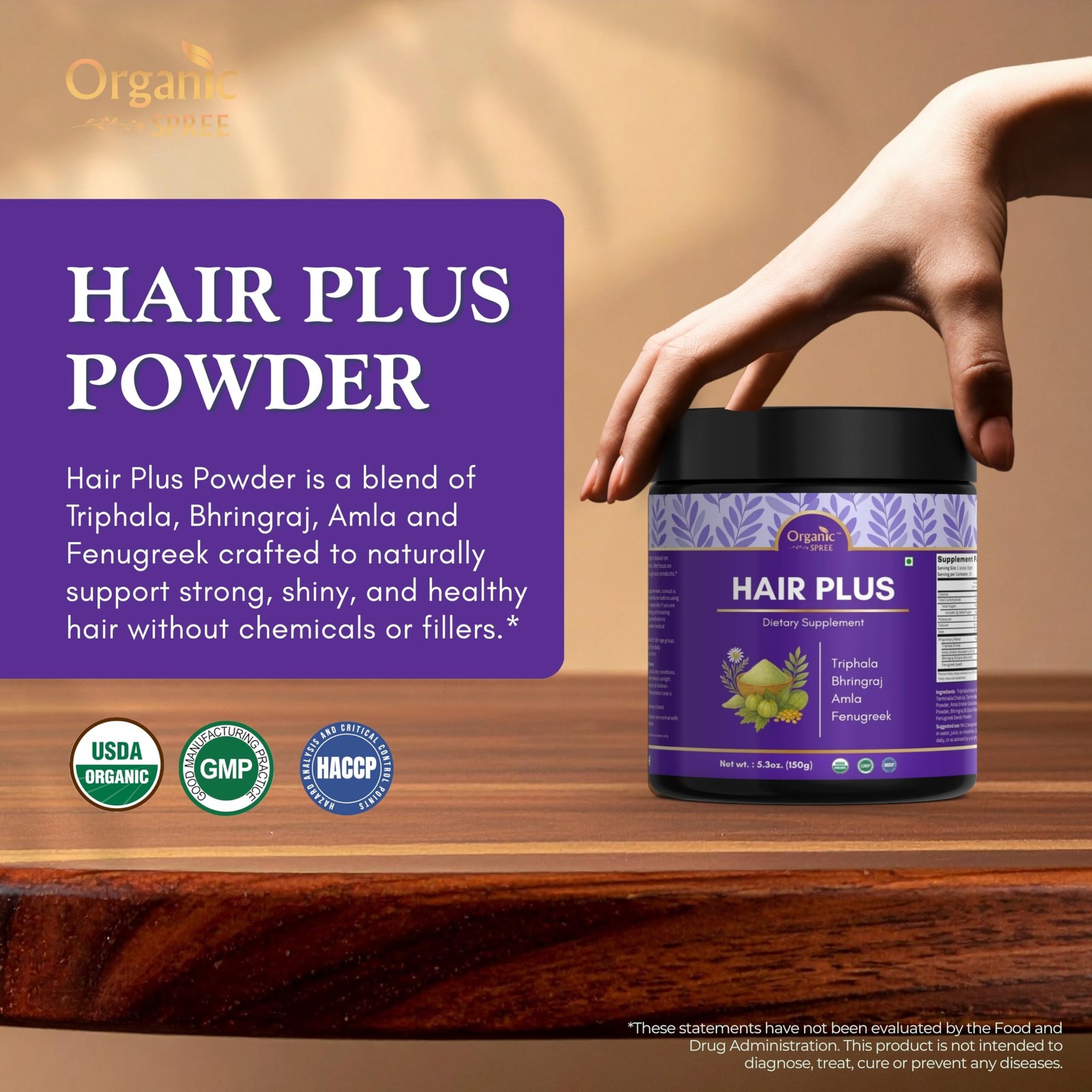 Organic Spree Hair Plus Powder – 150 gm (5.3oz) | USDA Organic Certified | Ay…