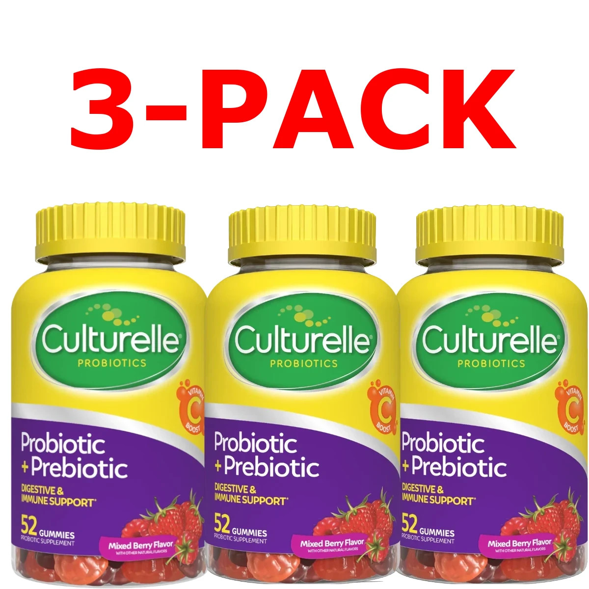 LOT OF 3 / Culturelle Probiotic + Prebiotic 52 Gummies Mixed Berry EXP: 09/26