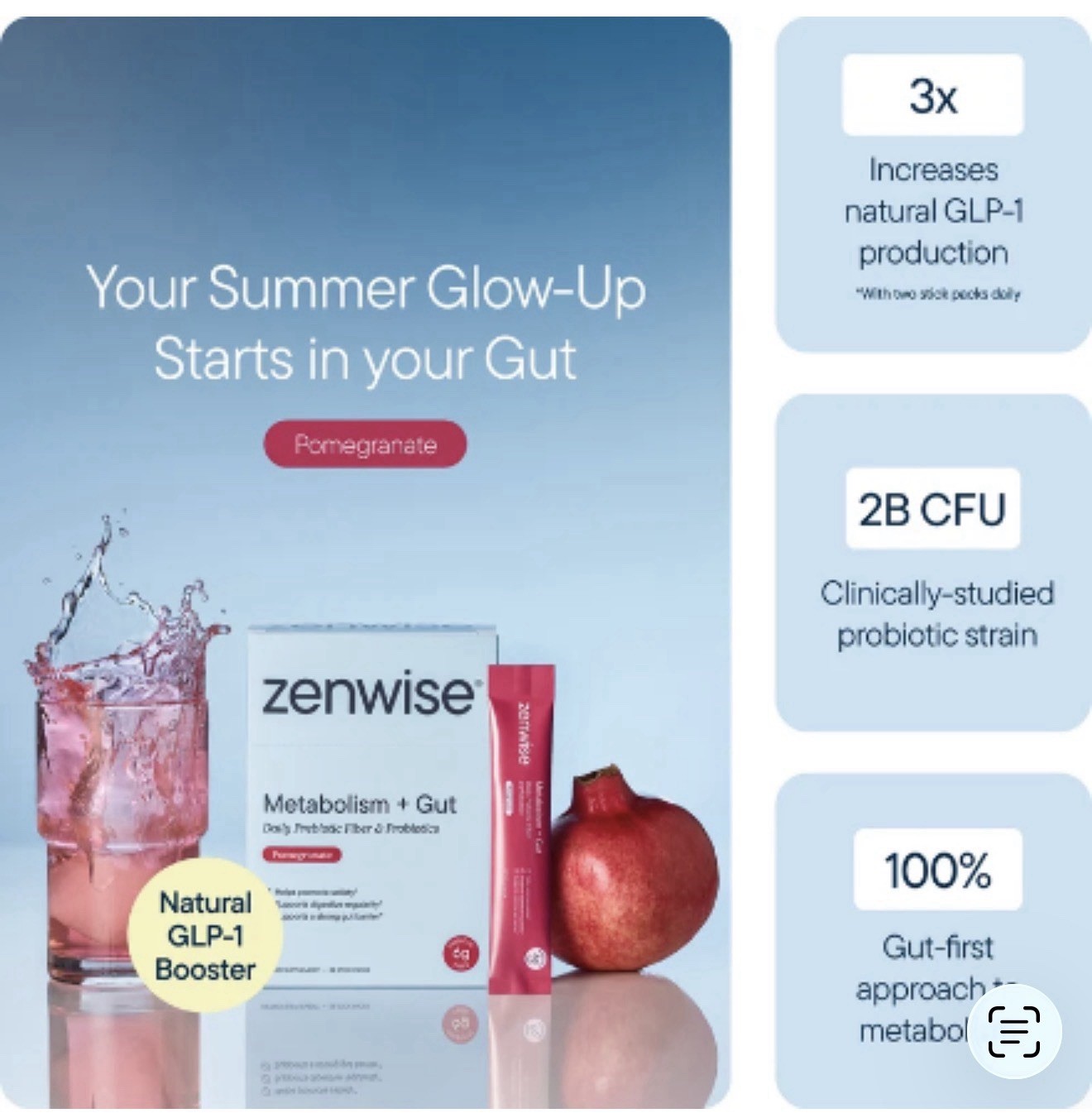 Zenwise Metabolism + Gut Prebiotic Fiber & Probiotics •pomegranate• 28 Sticks