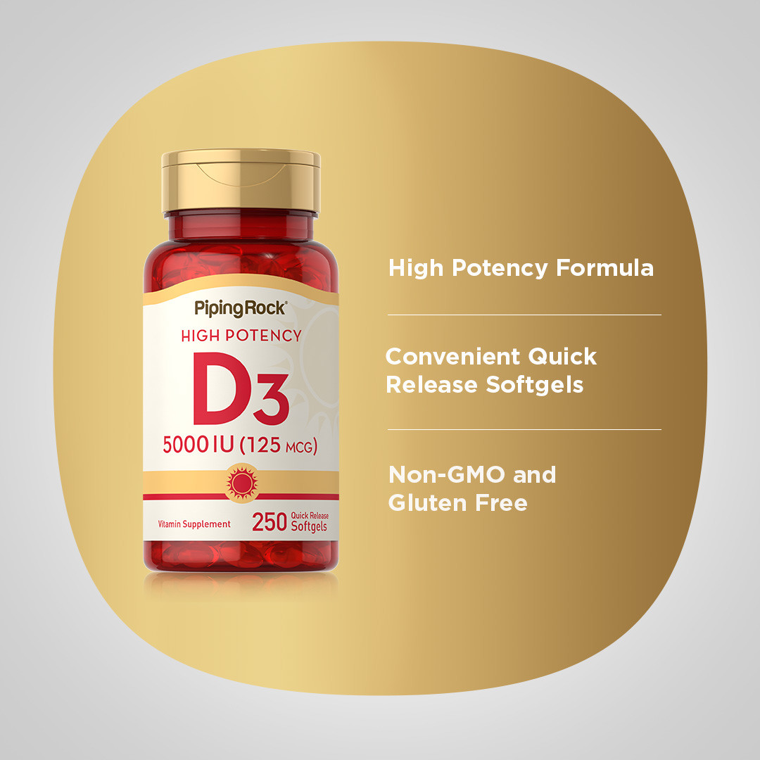 Vitamin D3 5000iu Softgels | 250 Count | High Potency | Non-GMO | by Piping Rock