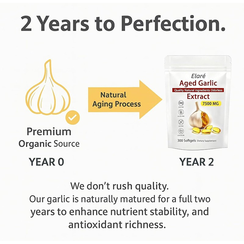 Elare Aged Garlic Extract 300 Softgels, 7500mg Odorless | Heart & Immune US 9Pcs