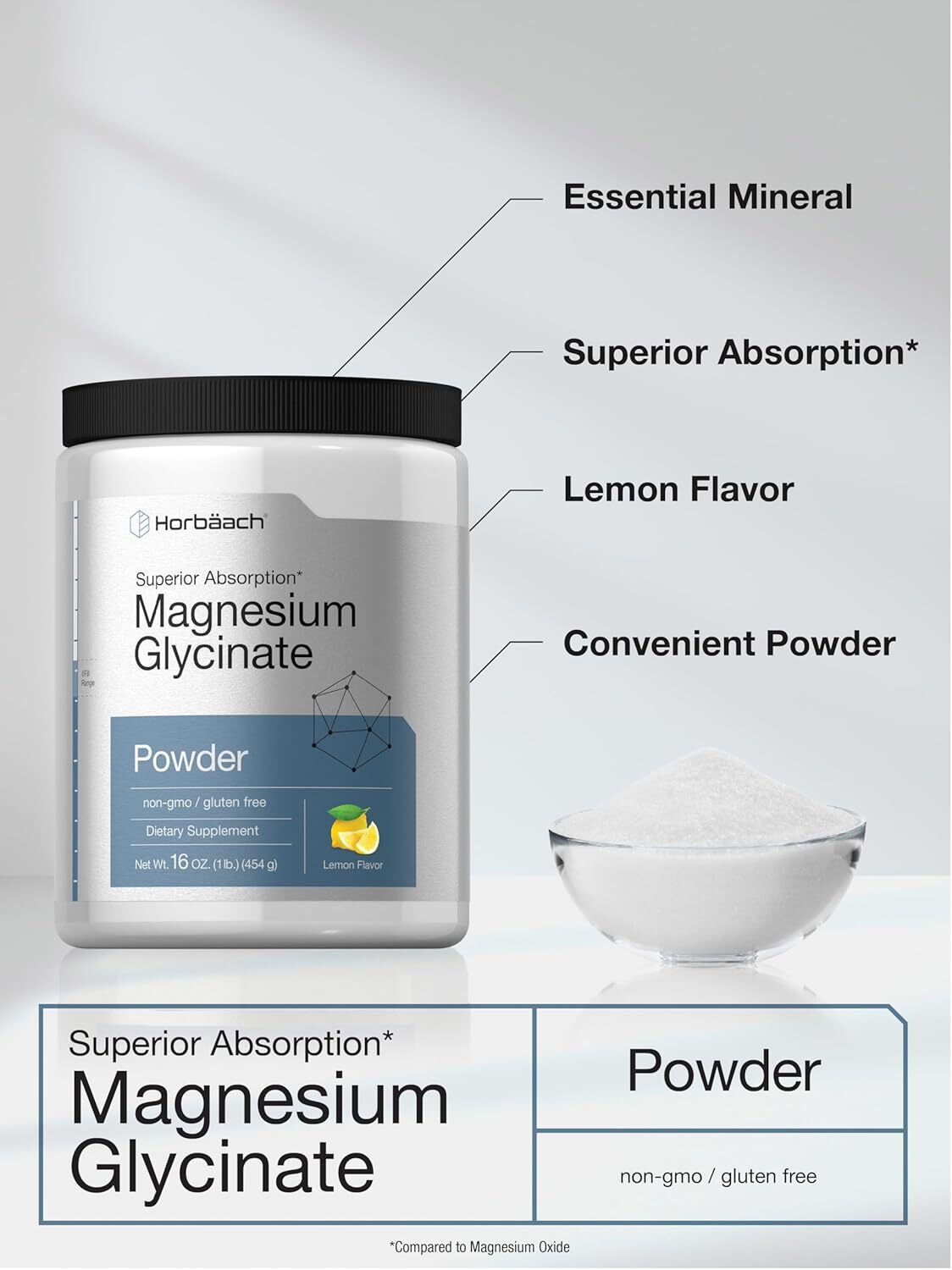 Magnesium Glycinate Powder 1 lb | Lemon Flavor, Non-GMO | by Horbaach
