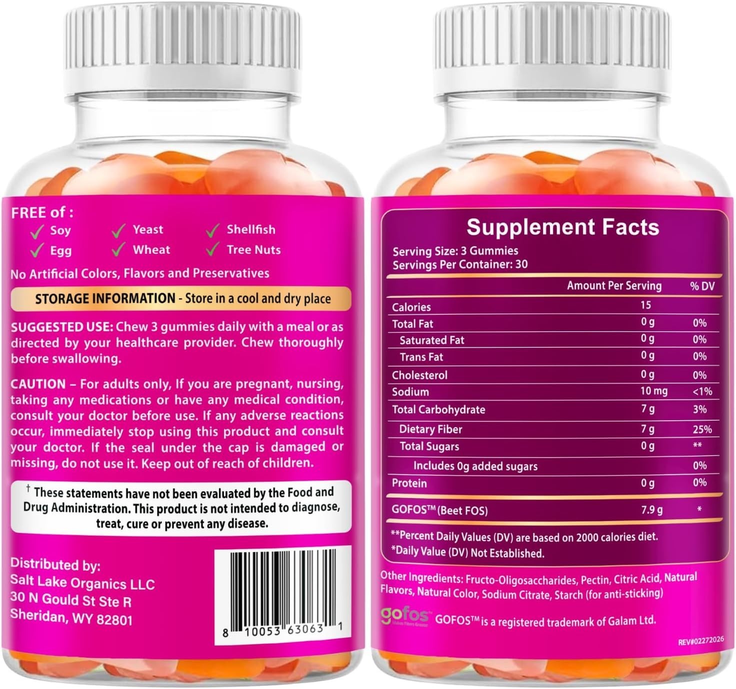 Slat Lake Supplement Extra Strength Fiber Gummies 7g Per Serving – 90 Count